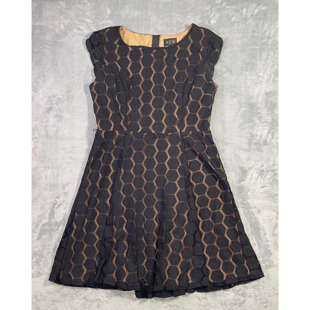 AUW Womens Black Honeycomb Mesh Fit and Flare Dress Tan Lining Size 16 3107BZ09R